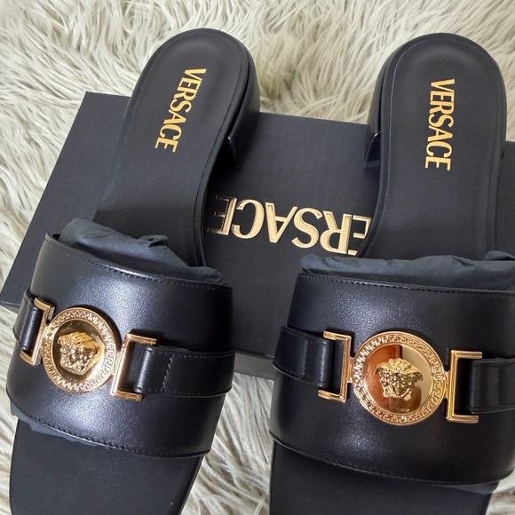 Versace Black Slides with Gold Medusa Emblem - Picture 5 of 16